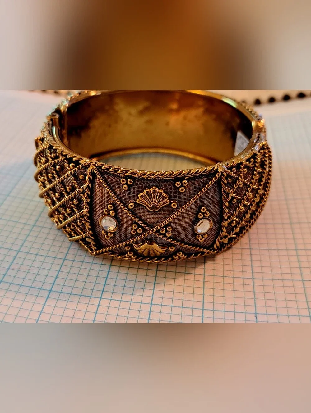 Two's Company Gold-Tone Filigree Hinged Bangle Bracelet